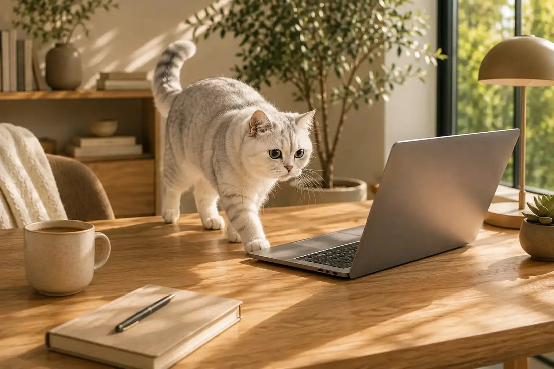 Curious cream-colored cat walking across a minimalist wooden desk toward a sleek laptop in warm sunlight.