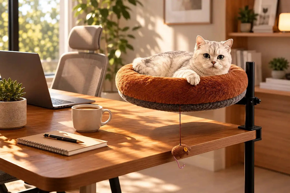 Ultra-realistic luxury home office with a silver cat in a desk-mounted bed beside a minimalist workspace.