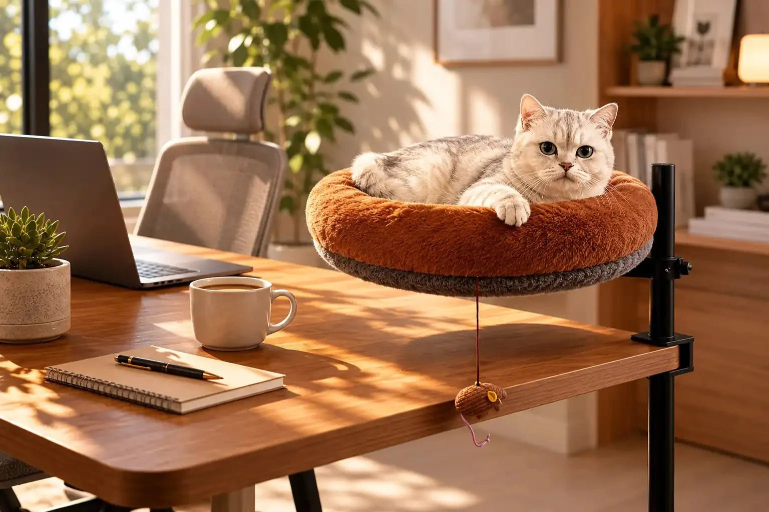 Ultra-realistic luxury home office with a silver cat in a desk-mounted bed beside a minimalist workspace.