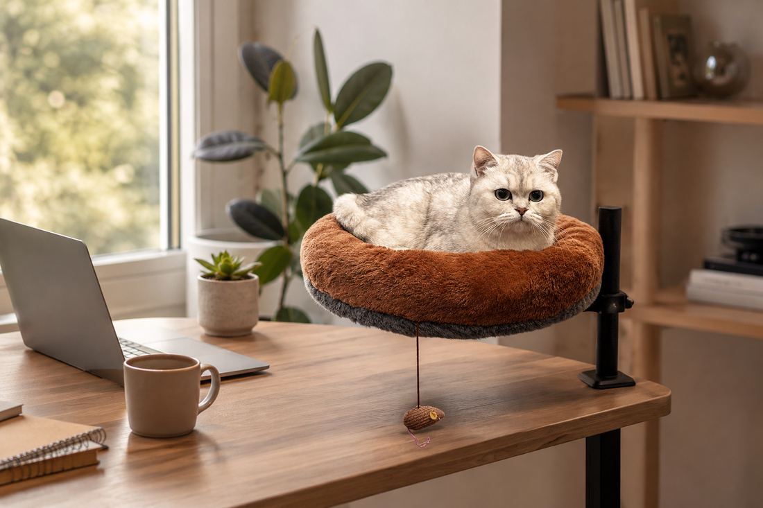Work from home cat owner with cat near desk, PETYZE luxury cat desk bed