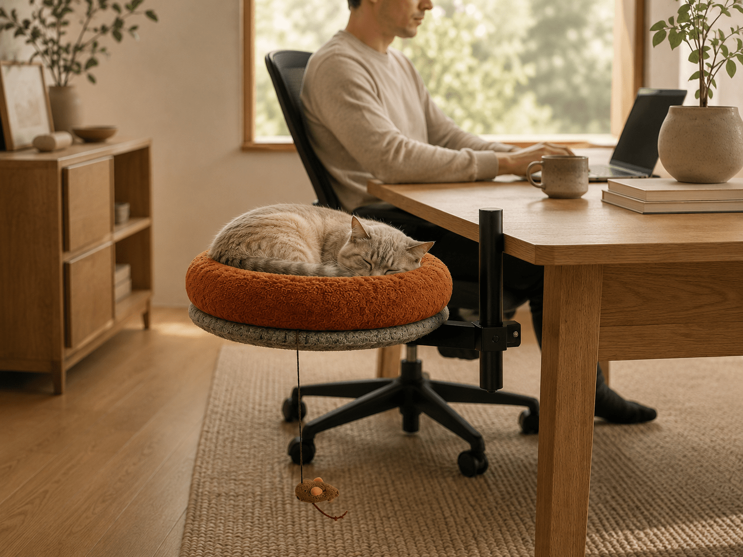 Cat resting on a dedicated bed beside a desk in a modern home office, with owner working nearby