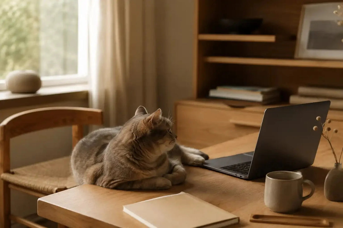 Cat resting on a wooden desk next to an open laptop in a minimalist home office