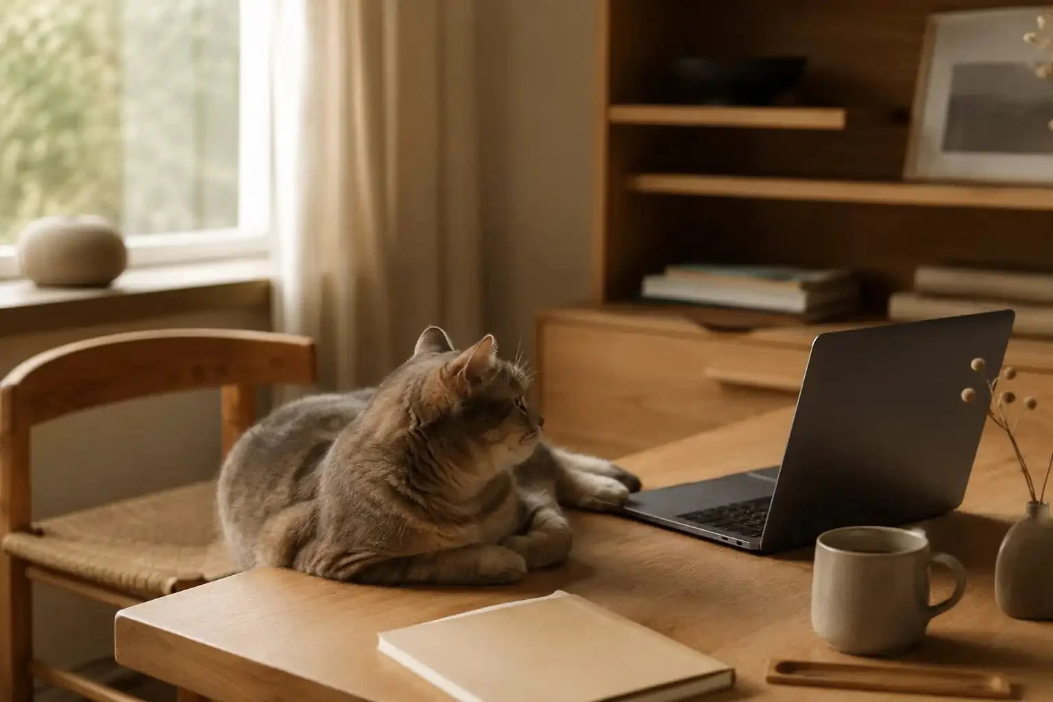 Cat resting on a wooden desk next to an open laptop in a minimalist home office