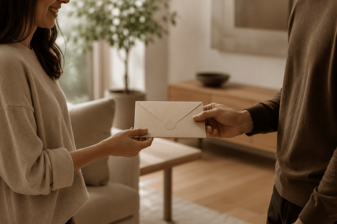 Two people exchanging a gift card envelope inside a modern minimalist home