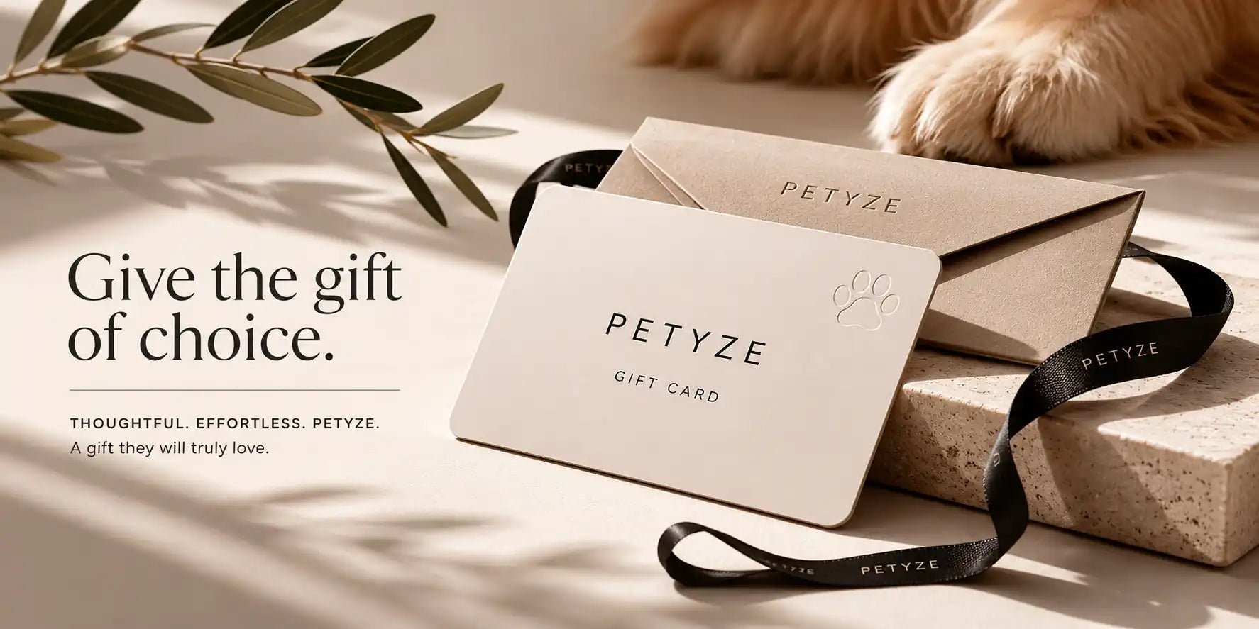 Luxury PETYZE gift card collection banner featuring minimalist premium packaging, elegant pet lifestyle elements, and warm Scandinavian-inspired styling.