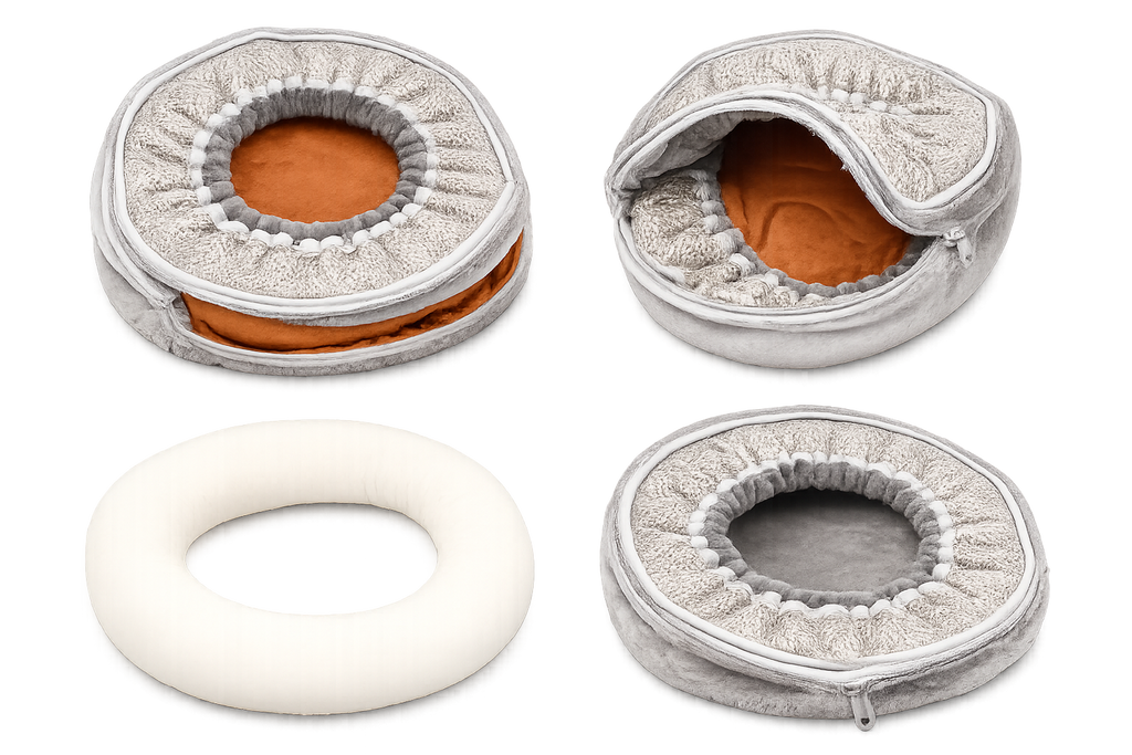 Four views of the Petyze donut cat bed cushion showing the plush gray cover with ruched inner ring, removable brown inner cushion, white foam insert, and fully zipped cover to highlight the washable, removable design.