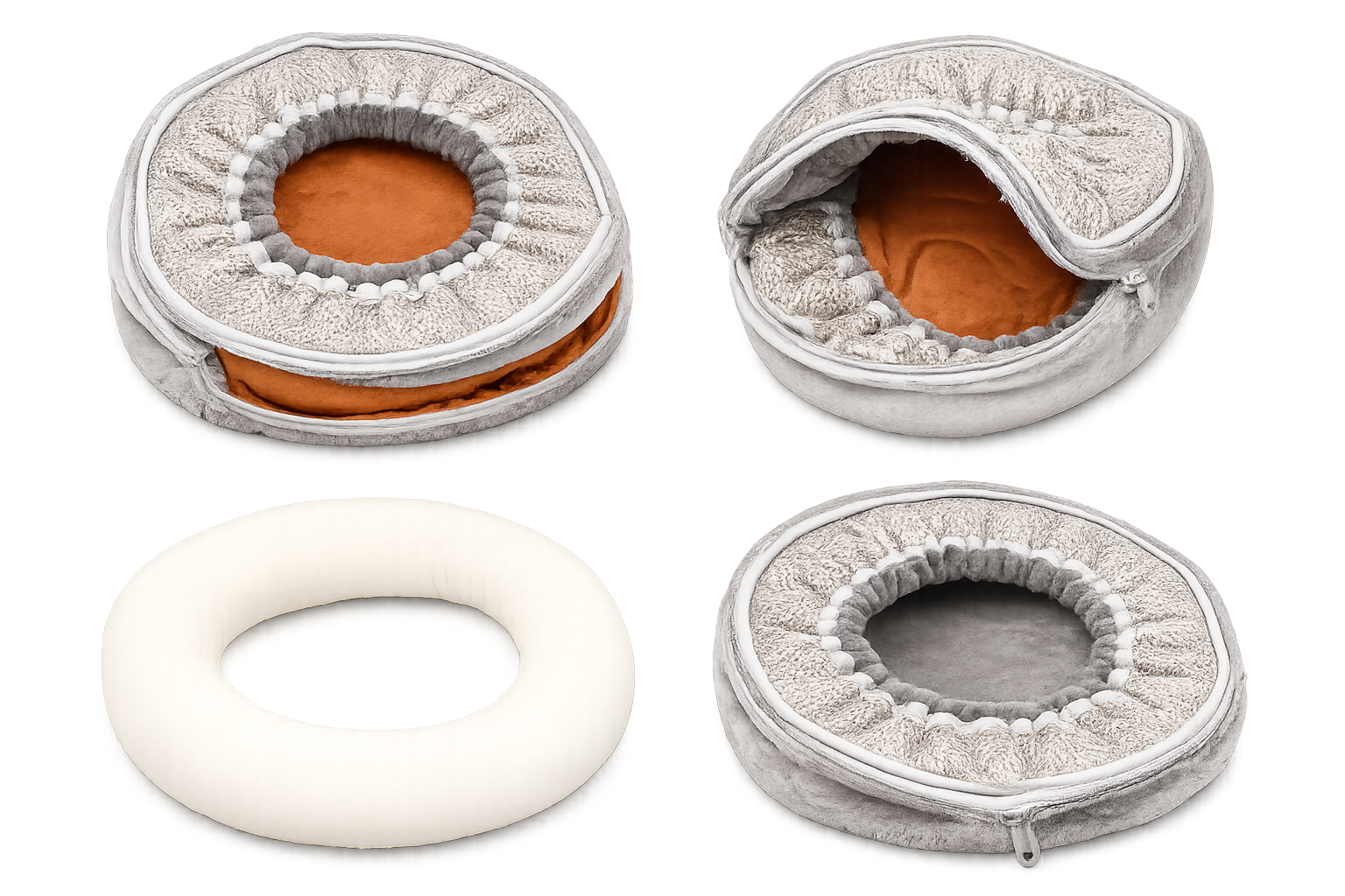 Four views of the Petyze donut cat bed cushion showing the plush gray cover with ruched inner ring, removable brown inner cushion, white foam insert, and fully zipped cover to highlight the washable, removable design.