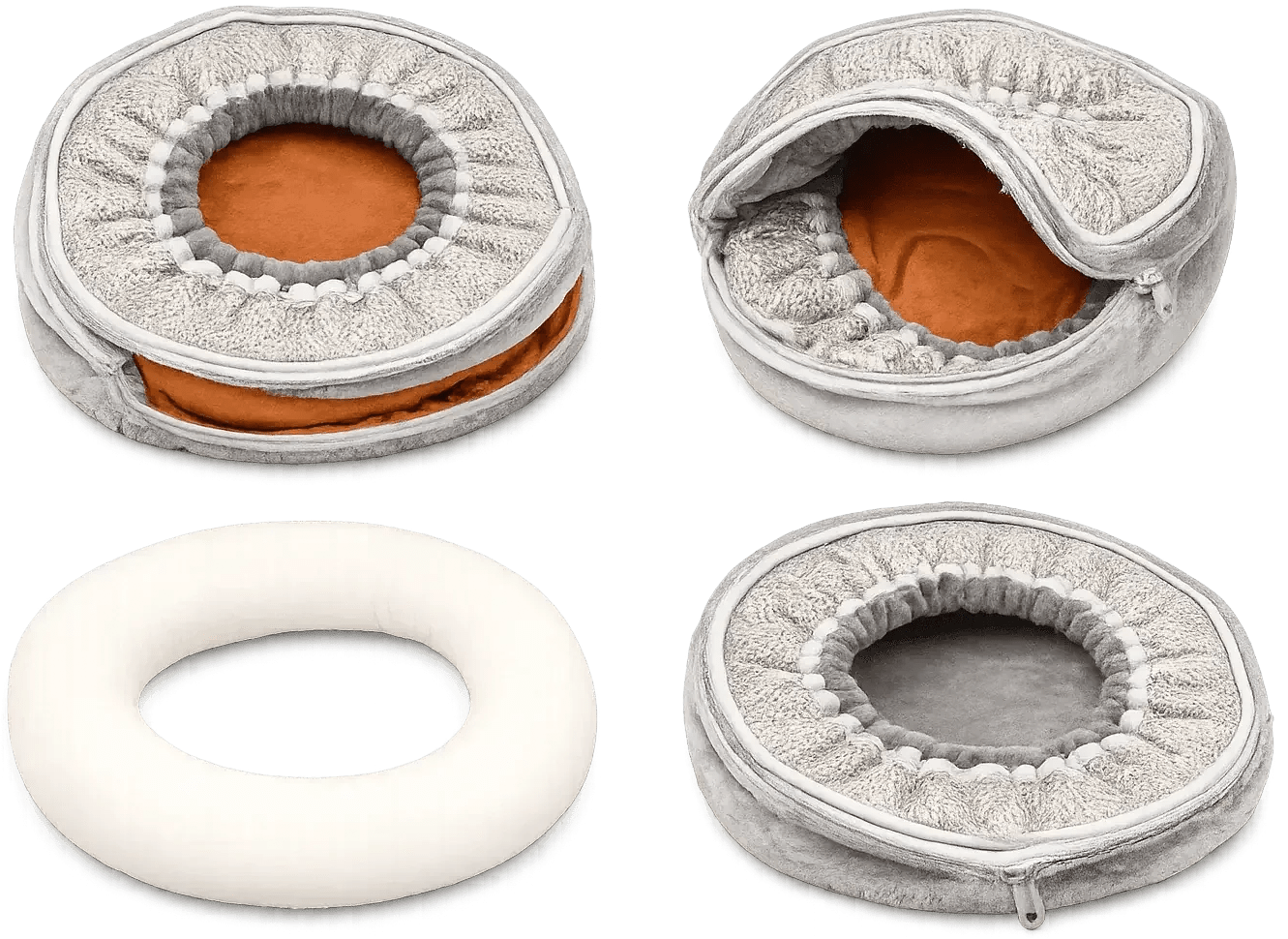 Four views of the Petyze donut cat bed cushion showcasing its plush, washable, removable design.