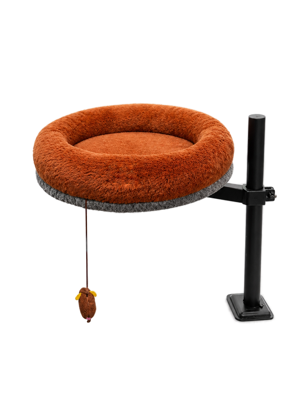 Side view of the Petyze adjustable cat desk bed featuring a plush burnt-brown donut cushion with gray woven base, mounted on a black metal pole with clamp arm and desk-edge clamp, plus a small hanging mouse toy under the bed.