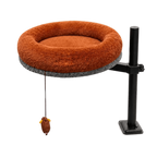 Side view of adjustable Petyze cat desk bed with plush brown donut cushion and hanging mouse toy.