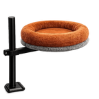 Side view of Petyze cat desk bed with plush brown donut cushion on gray base and clamp arm.