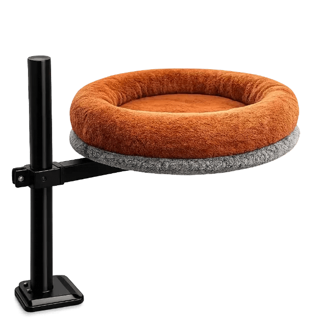 Side view of Petyze cat desk bed with plush brown donut cushion on gray base and clamp arm.
