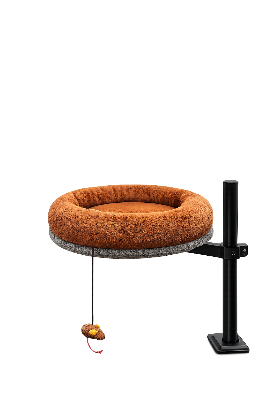 Brown-colored donut cat bed with a plush rim and sunken center on a gray felt base, mounted on a black metal desk post with horizontal support arm, featuring a small hanging mouse toy on the side.