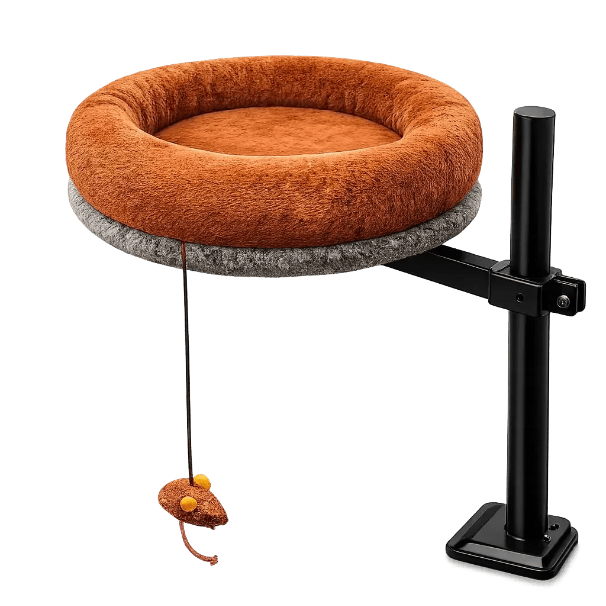 High-angle view of Petyze cat desk bed with plush brown donut cushion on metal stand and toy.
