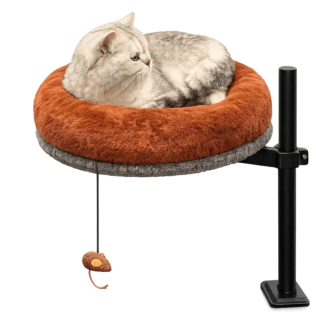 Light-colored tabby resting in the raised Petyze cat desk bed with plush brown cushion and hanging toy.