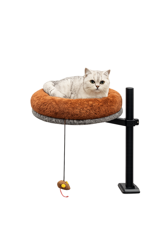 Silver and white tabby cat lying in the Petyze raised cat desk bed with a plush rust-brown donut cushion and dark gray base mounted on a black metal stand, featuring a small hanging mouse toy underneath.