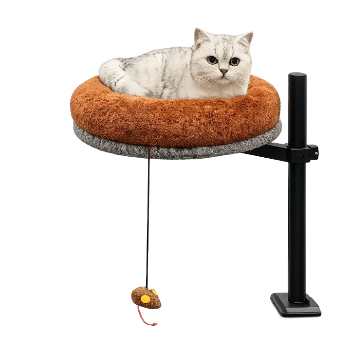 Silver and white tabby lounging in the Petyze raised cat desk bed with plush rust-brown donut cushion.