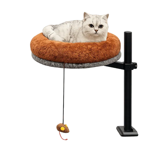 Silver and white tabby lounging in the Petyze raised cat desk bed with plush rust-brown donut cushion.