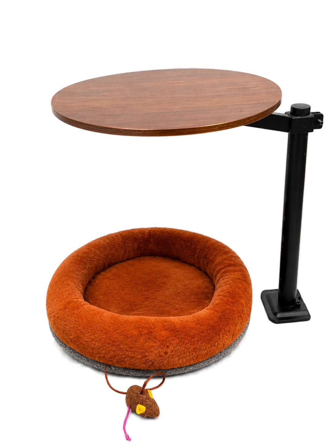 Modern cat desk bed with a plush bright-brown donut cushion mounted on a black metal stand beneath a round wooden tabletop, featuring a hanging mouse toy at the front.