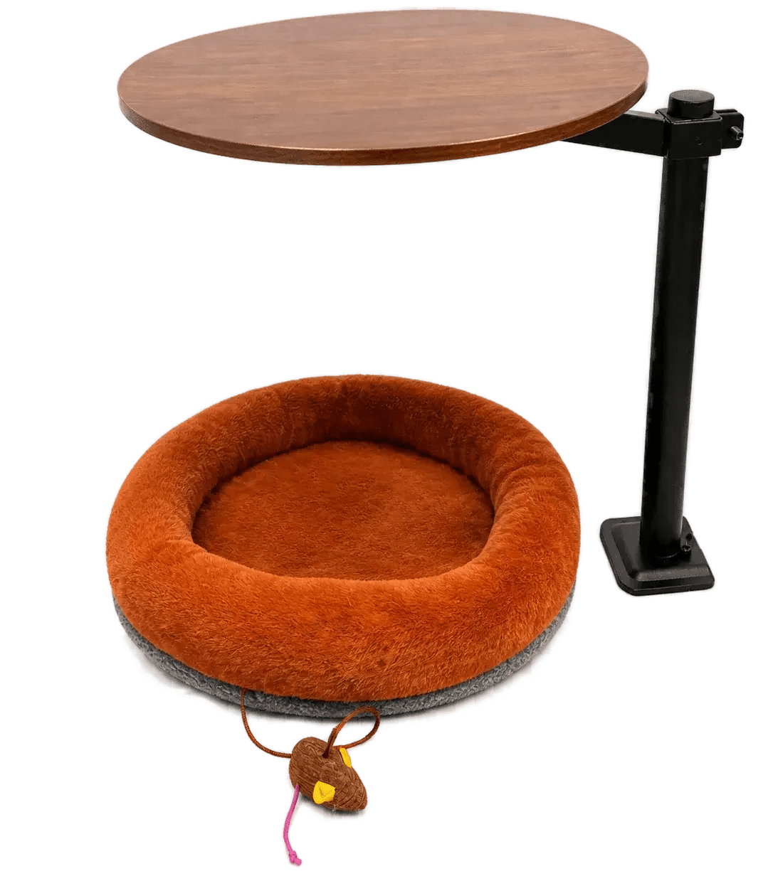 Modern cat desk bed with plush brown donut cushion under a round wooden tabletop, featuring a front mouse toy.