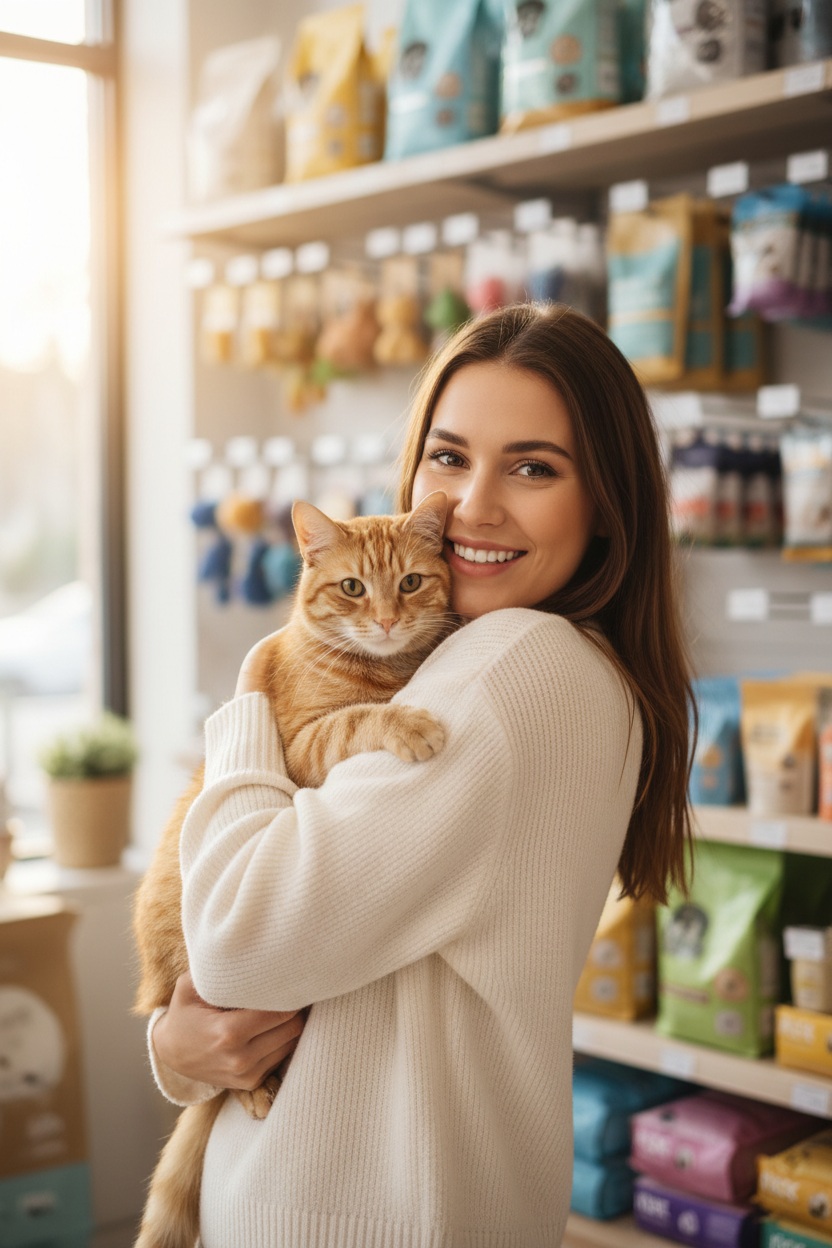 Smiling female customer sitting in a cozy modern living room with her dog and cat, representing a happy Petyze shopper who loves the brand’s luxury pet products.