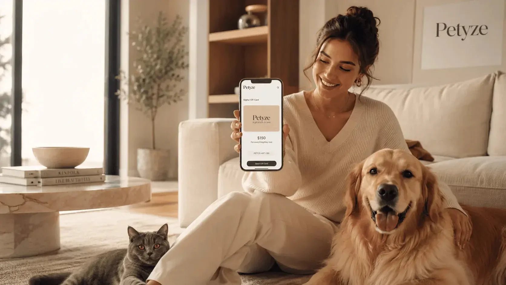 Young woman in a luxury living room showing a Petyze digital gift card beside a dog and cat.