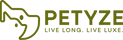 PETYZE horizontal olive logo with abstract pet head icon on the left and the tagline ‘LIVE LONG. LIVE LUXE.’ beneath the brand name.