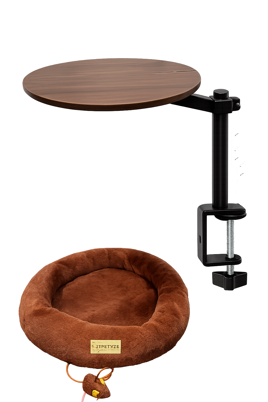 PETYZE LuxeNest Cat Desk Bed with adjustable clamp-mounted wooden shelf, premium plush cat bed, and integrated toy, shown isolated on a transparent background for modern desk and home office setups.