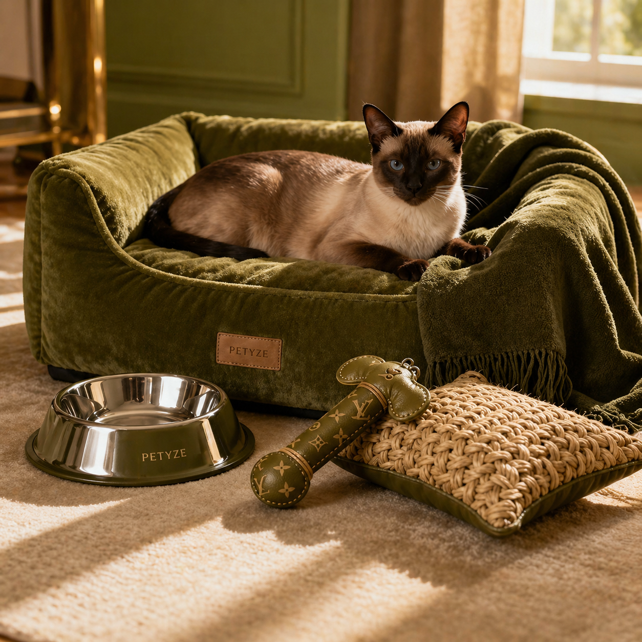 Siamese cat lying in a plush olive-green PETYZE luxury pet bed with matching throw blanket, stainless steel bowl with olive base, bone-shaped toy with gold monogram pattern, and rope-accent pillow arranged on a light rug in a warmly lit room.