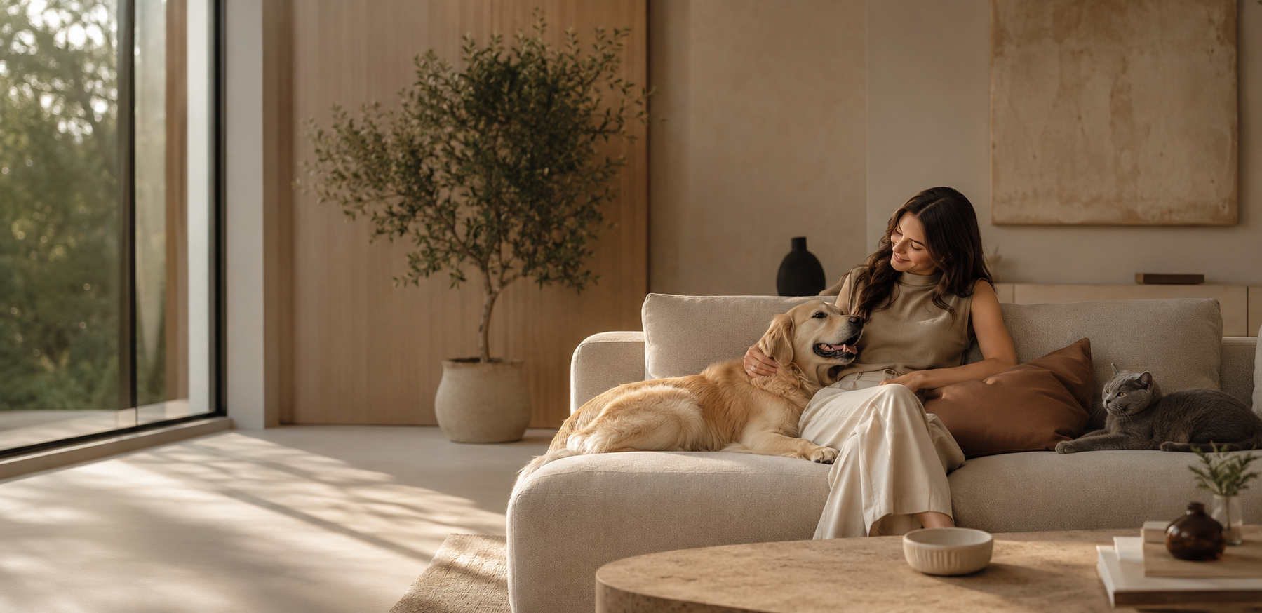 Luxury modern living room with stylish young woman relaxing on a premium sofa with a happy golden retriever and british shorthair cat, warm natural sunlight, minimalist Scandinavian interior, ultra premium pet lifestyle ecommerce hero image for Petyze.