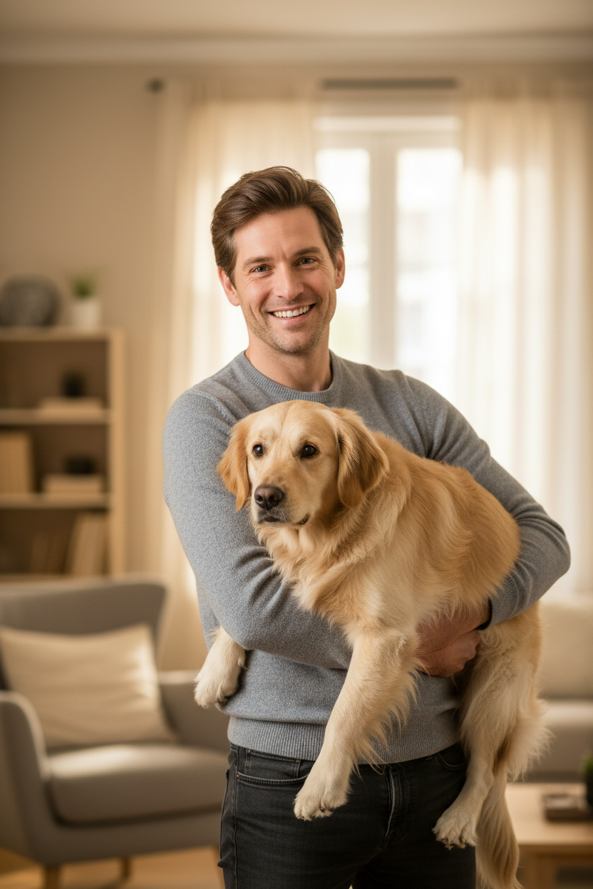 Stylish male customer relaxing in a warm minimalist living room with his dog and cat, showcasing Petyze’s modern luxury pet lifestyle.
