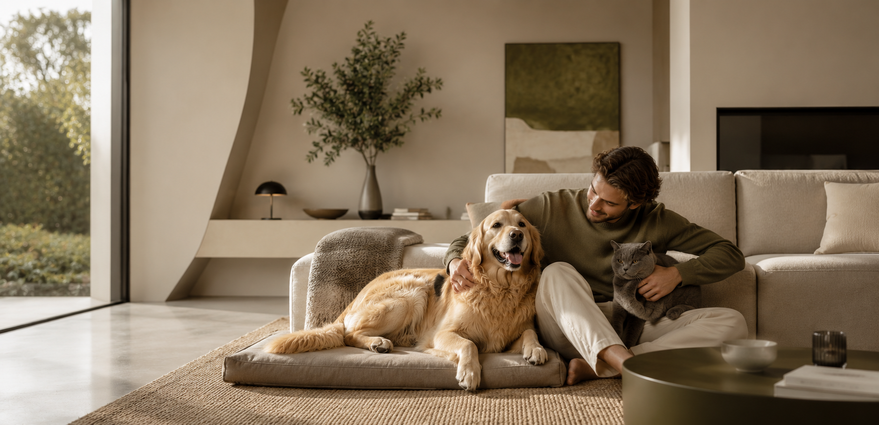 Stylish young man sitting with a golden retriever and british shorthair cat in a warm minimalist luxury living room, elegant natural lighting, modern premium pet lifestyle branding image for Petyze.