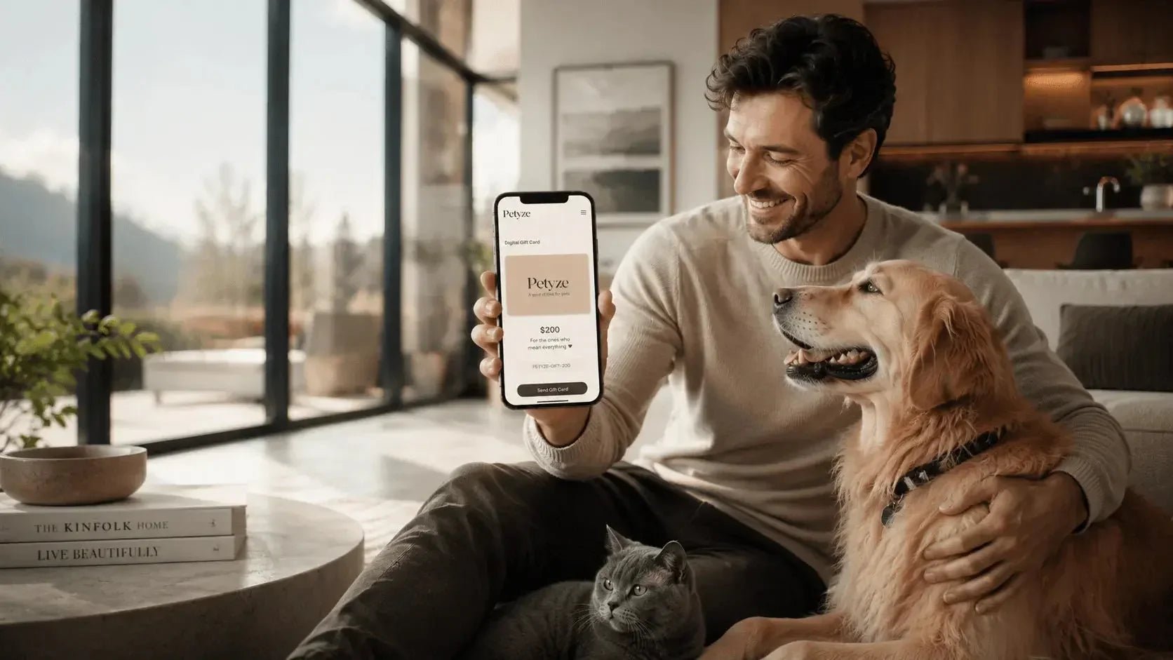 Modern man in a luxury apartment showing a Petyze digital gift card beside his dog and cat.