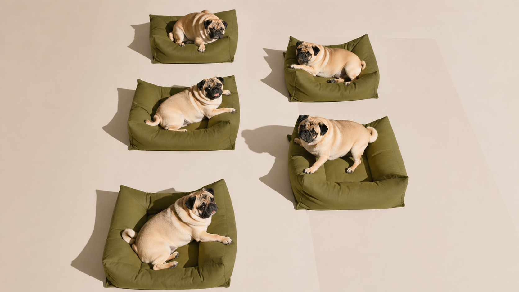 Studio scene with five fawn pugs relaxing in matching rectangular olive-green bolster dog beds arranged diagonally on a cream background, showcasing the coordinated PETYZE pet bed set in different poses.