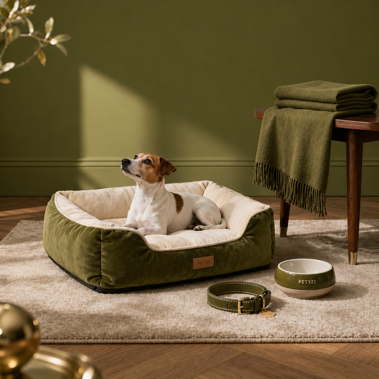 Jack Russell Terrier sitting in a plush olive-green PETYZE dog bed with cream fleece interior, surrounded by a matching olive food bowl, olive leather collar with gold hardware, and folded throws in a warm, olive-toned room with wood flooring and a shag rug.