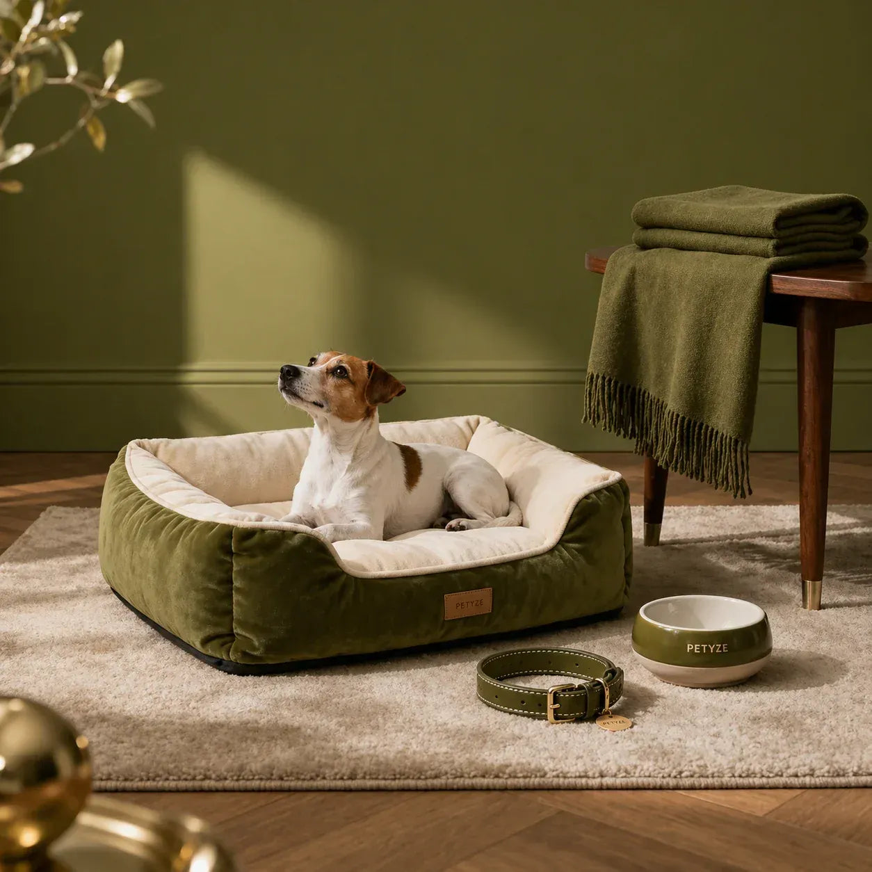 Jack Russell Terrier in a plush olive PETYZE dog bed with matching bowl, collar, and cozy throws.
