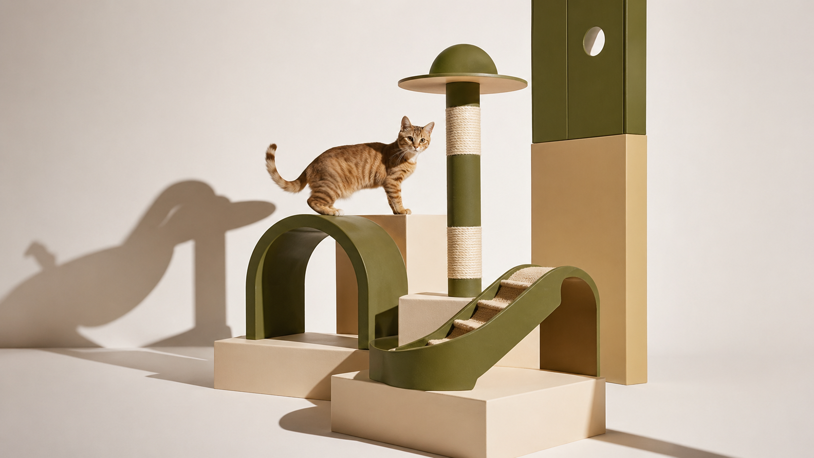 Minimalist studio scene with a brown tabby cat standing on an olive-green arch, surrounded by geometric PETYZE cat furniture in olive and beige, including an arch on a block, a vertical scratching post with sisal rope and dome top, a curved ramp with steps, and a tall tower with a circular cutout against an off-white background.