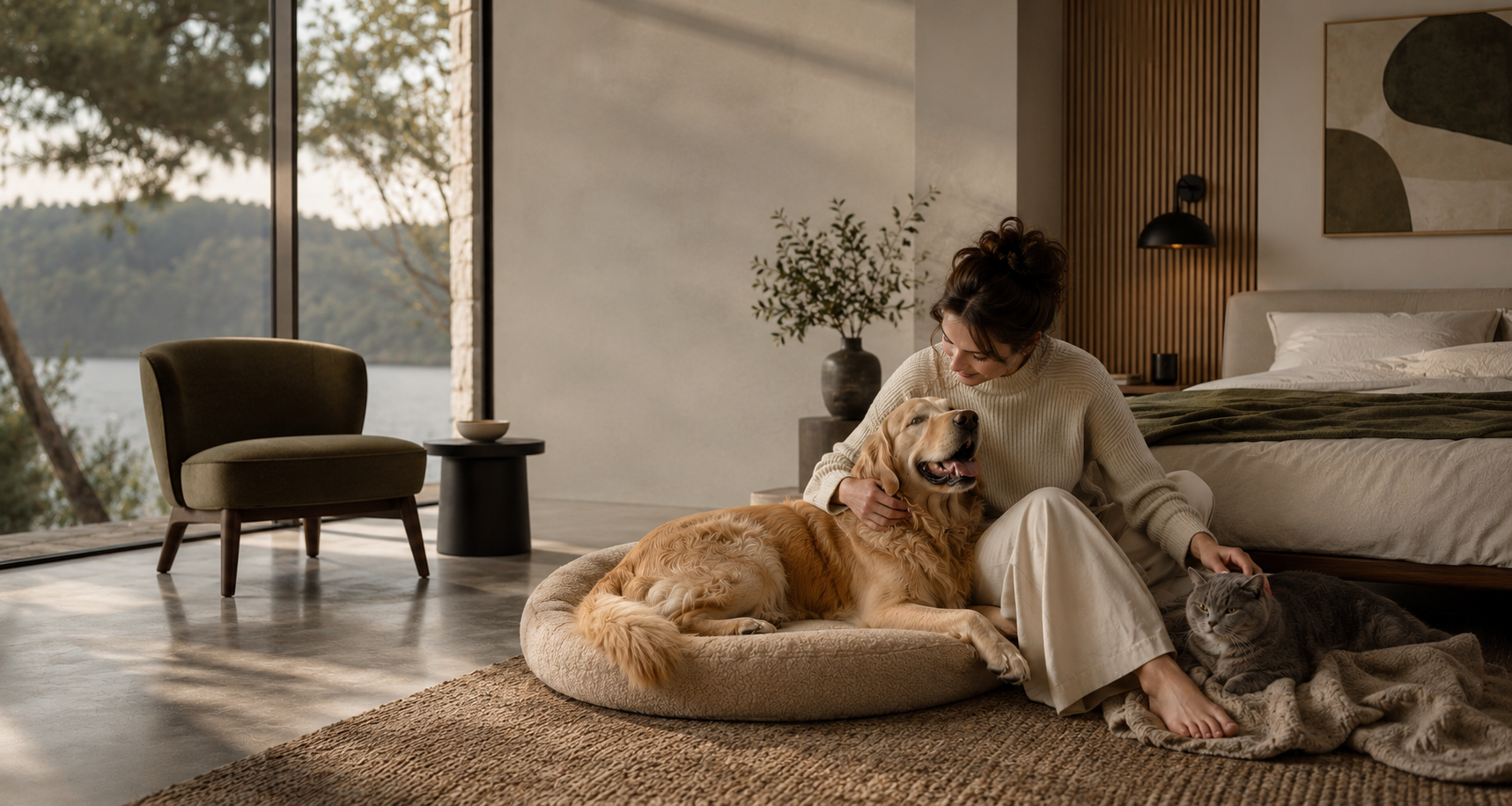 Elegant modern bedroom with young woman interacting with a golden retriever and relaxed british shorthair cat, soft natural sunlight, luxury interior design, premium emotional pet lifestyle hero image for Petyze.